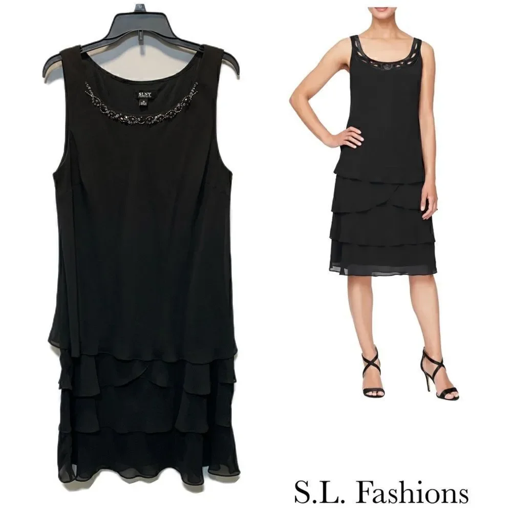 SLNY black Sequin neckline Chiffon polyester Sleeveles Dress sz 16